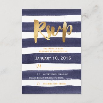 Navy Blue Watercolor Stripes Gold Wedding Rsvp by prettypicture at Zazzle