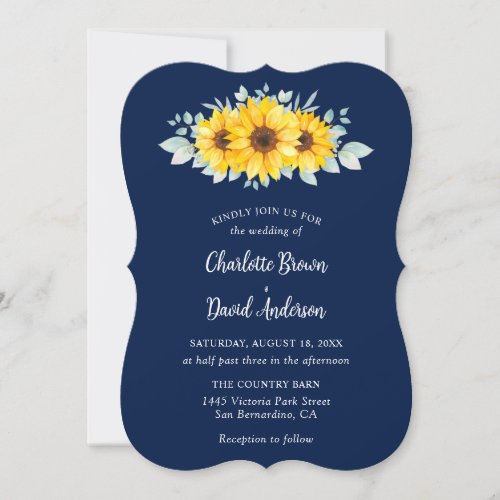Navy Blue Watercolor Sunflower Greenery Wedding Invitation