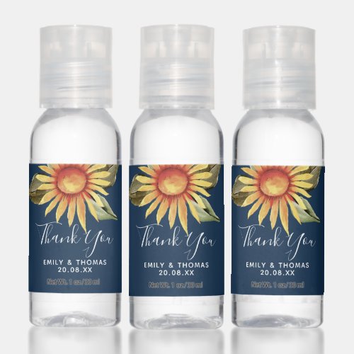 Navy Blue Watercolor Sunflower Wedding Thank You Hand Sanitizer