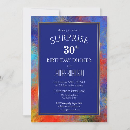 Navy Blue Watercolor Surprise 30th Birthday Dinner Invitation