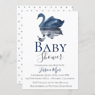 Navy Blue Watercolor Swan Baby Shower Invitation