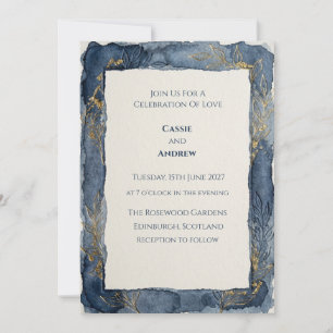 Navy Blue Watercolor Torn Edge Wedding Invitation