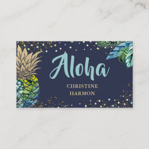 Navy Blue Watercolor Tropical Pineapple Beach Business Card