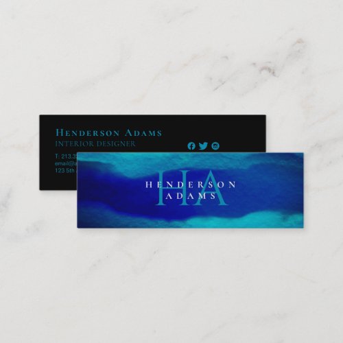 Navy Blue Watercolor Wavy Abstract Monogram Mini Business Card