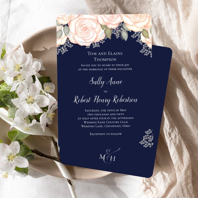 Navy Blue Watercolor Wedding Blush Floral Invitation (Navy blue wedding invitation with blush pink floral design.)