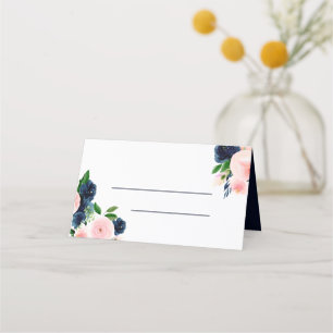 Navy Blue Watercolor Wedding Floral Place Card