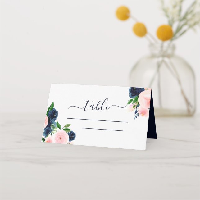 Navy Blue Watercolor Wedding Floral Place Card (Front)