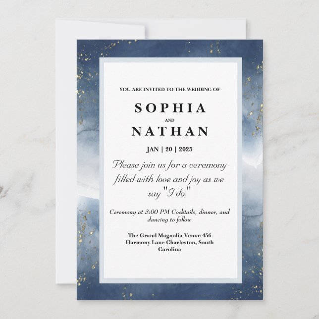 Navy Blue Watercolor Wedding Invitation with Gold  (Front)