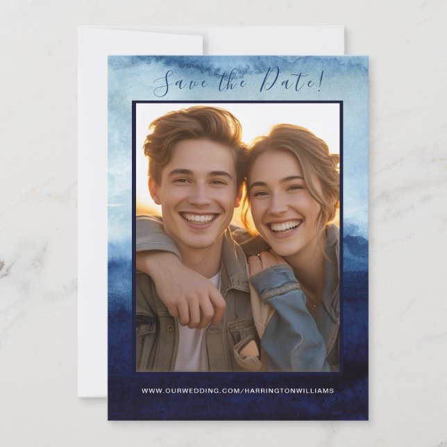 Navy Blue Watercolor Wedding Save the Date Modern  (Front)