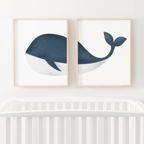Navy Blue Watercolor Whale Beach Nursery Wall Art Sets