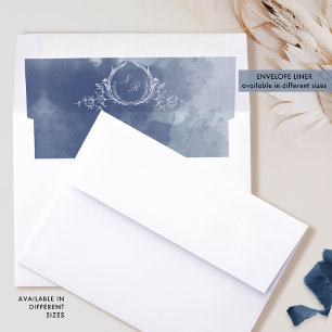 Navy Blue Watercolor, White Monogram Wedding Envelope Liner