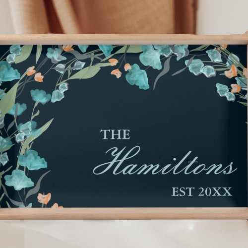 Navy Blue Watercolor Wildflower Established Serving Tray