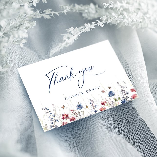 Navy Blue Watercolor Wildflower Rustic Wedding Thank You Card (Navy Blue Watercolor Wildflower Rustic Wedding Thank You Card)