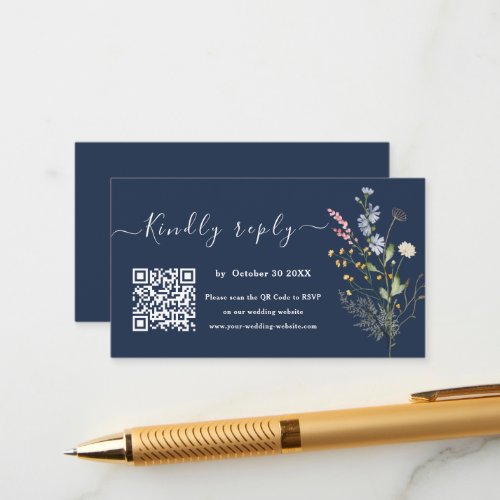 Navy Blue Watercolor Wildflower Wedding Website Enclosure Card