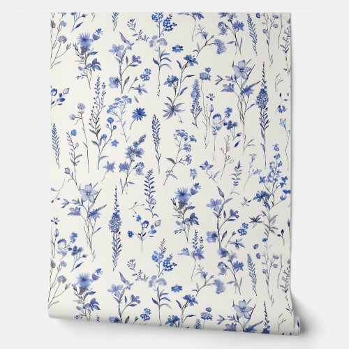 Navy Blue Watercolor Wildflowers and Herbs Wallpaper