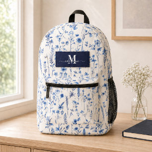 Navy Blue Watercolor Wildflowers Monogram Name Printed Backpack