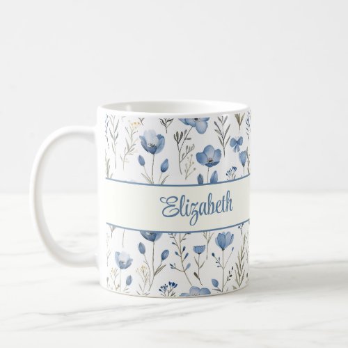 Navy Blue Watercolor Wildflowers Poppy Script Name Coffee Mug