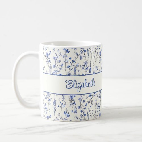 Navy Blue Watercolor Wildflowers Script Name Coffee Mug