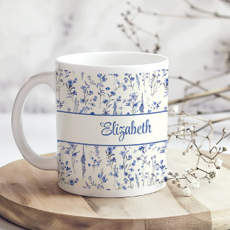 Navy Blue Watercolor Wildflowers Script Name Coffee Mug