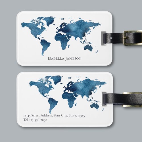 Navy Blue Watercolor World Map Personalized Luggage Tag