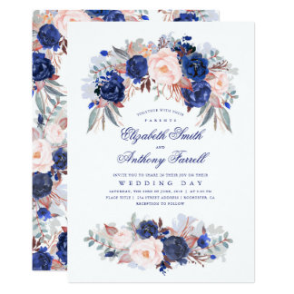 Navy Blue Watercolors - Floral Elegant Wedding Card