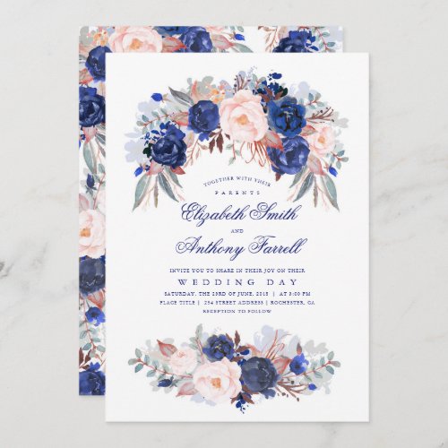 Navy Blue Watercolors _ Floral Elegant Wedding Invitation