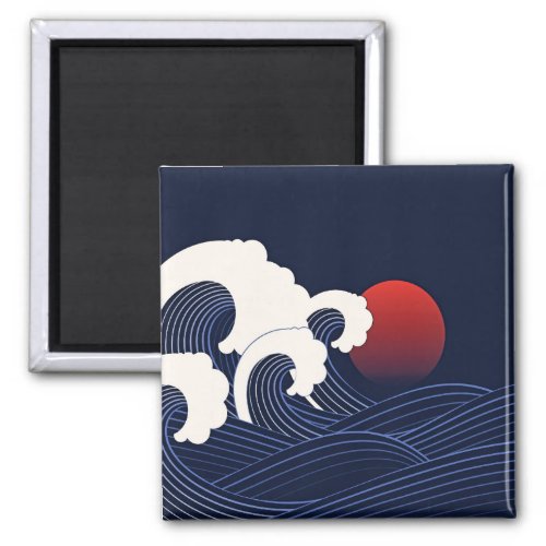 Navy Blue Wave with Red Moon Hand Drawn Magnet