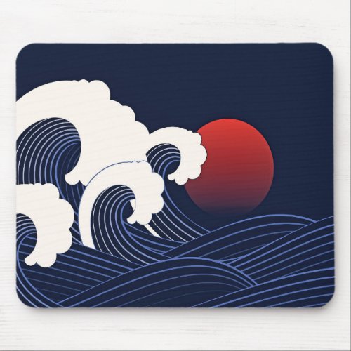 Navy Blue Wave with Red Moon  Mouse Pad