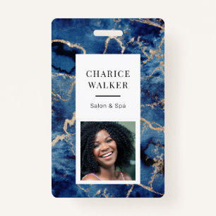 navy blue waves coastal gold salon photo name badge