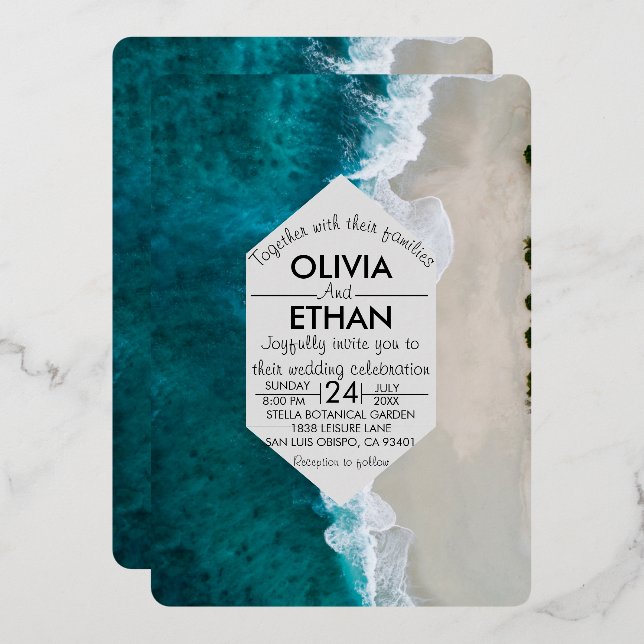 Navy blue waves coastal Wedding Foil Invitation (Front/Back)