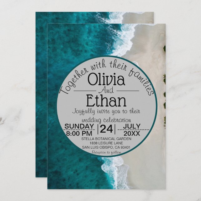 Navy blue waves coastal Wedding Invitation (Front/Back)