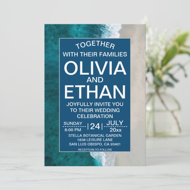 Navy blue waves coastal Wedding Invitation (Standing Front)