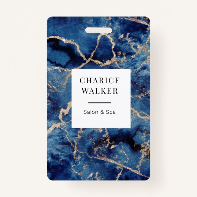 navy blue waves gold ocean salon monogram name badge (Front)