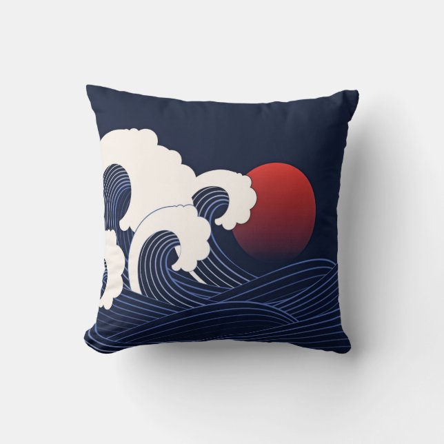Navy Blue Waves with Red Moon Throw Pillow (Front)