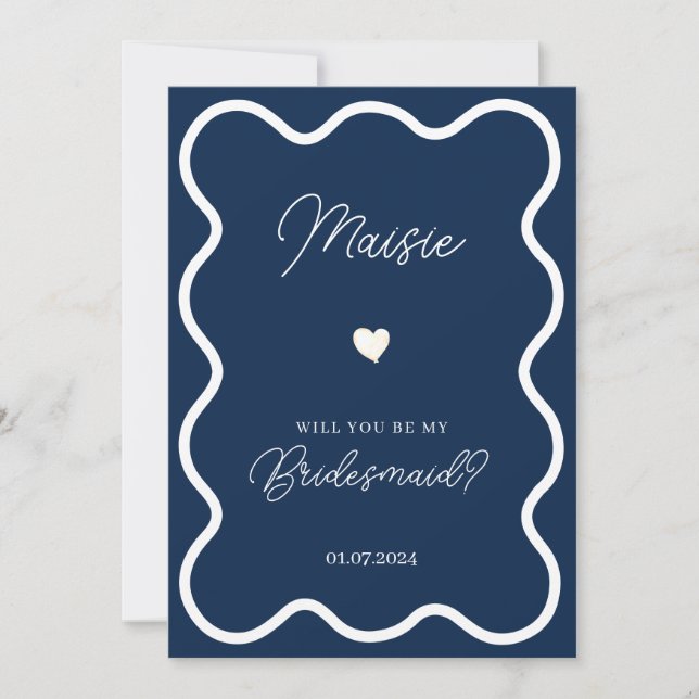 navy blue wavy will you be my bridesmaid proposal invitation (Front)