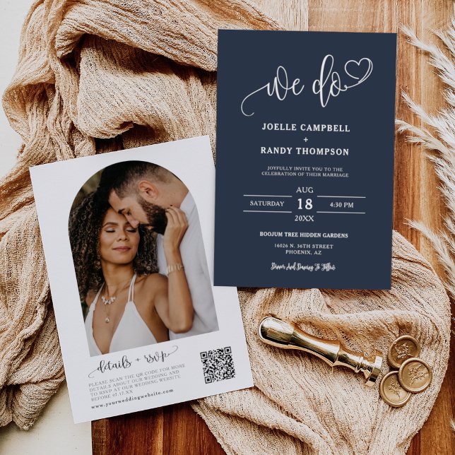 Navy Blue We Do Boho Wedding QR Code Arch Photo Invitation (Creator Uploaded)
