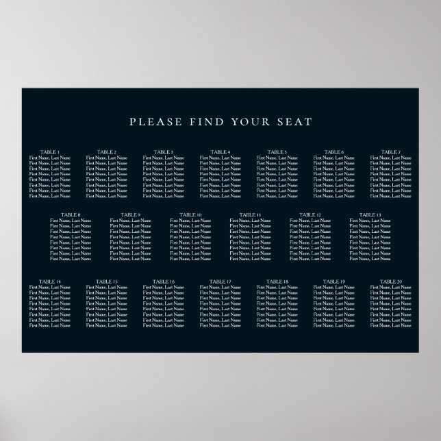 Navy Blue Wedding 20 Table Seating Chart (Front)