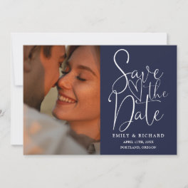 Navy Blue Wedding 2 Photo Elegant Script Save The Date