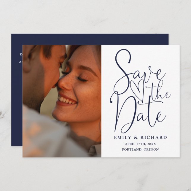 Navy Blue Wedding 2 Photo QR Code Elegant Script Save The Date (Front/Back)