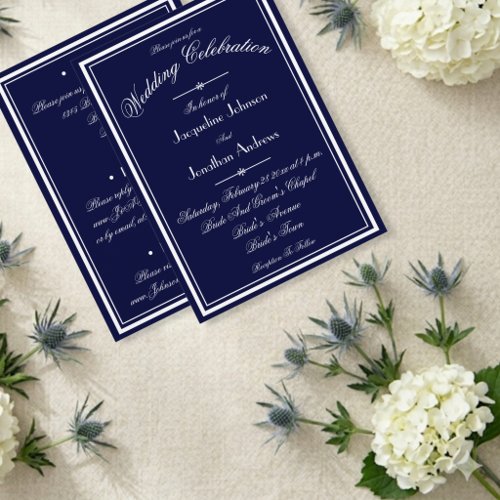 Navy Blue Wedding All In One White Script WS RSVP Invitation