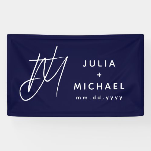 Navy Blue Wedding Banner with Monogram and Date