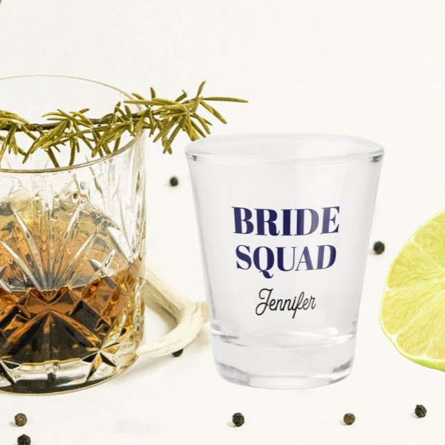 Navy Blue Wedding Bride Squad Personalized Shot Glass (In Situ)