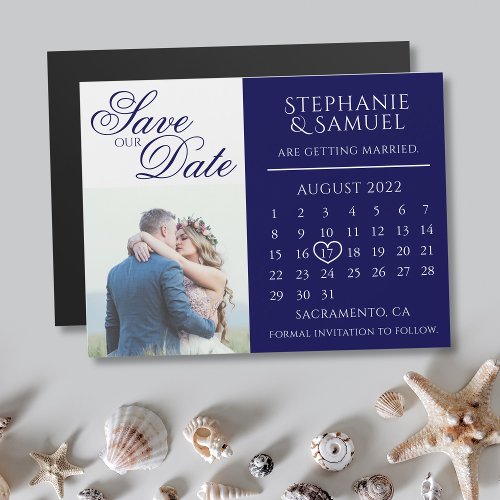 Navy Blue Wedding Calendar Photo Save the Date Magnetic Invitation