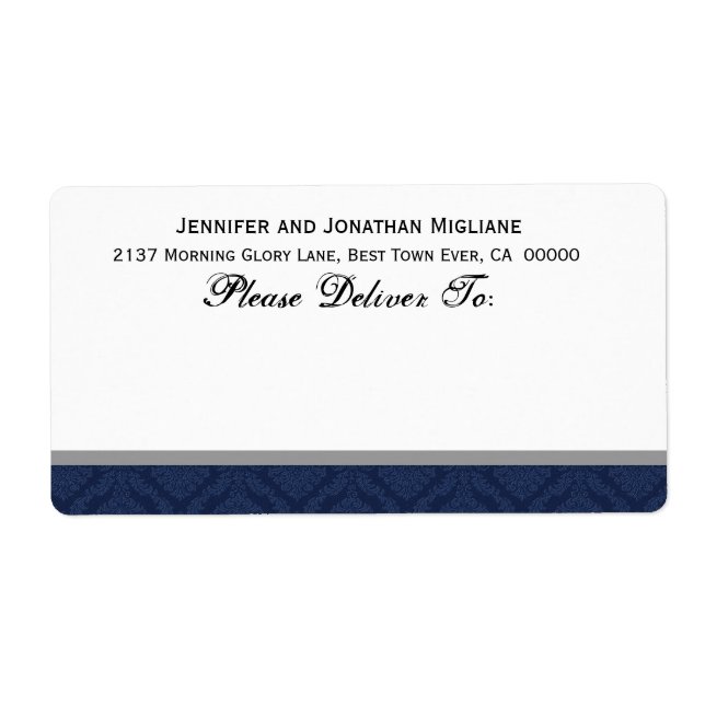 Navy Blue Wedding Damask Label (Front)