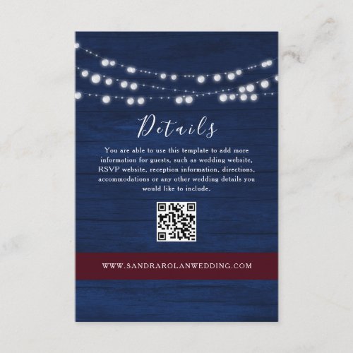 Navy Blue Wedding Details QR Code Website  Enclosure Card