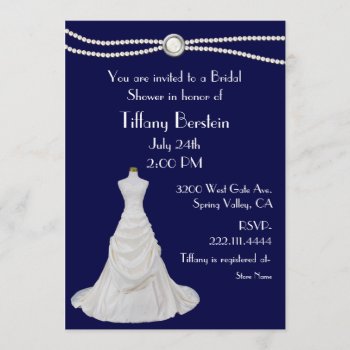 Navy Blue Wedding Dress Bridal Shower Invitation by DizzyDebbie at Zazzle