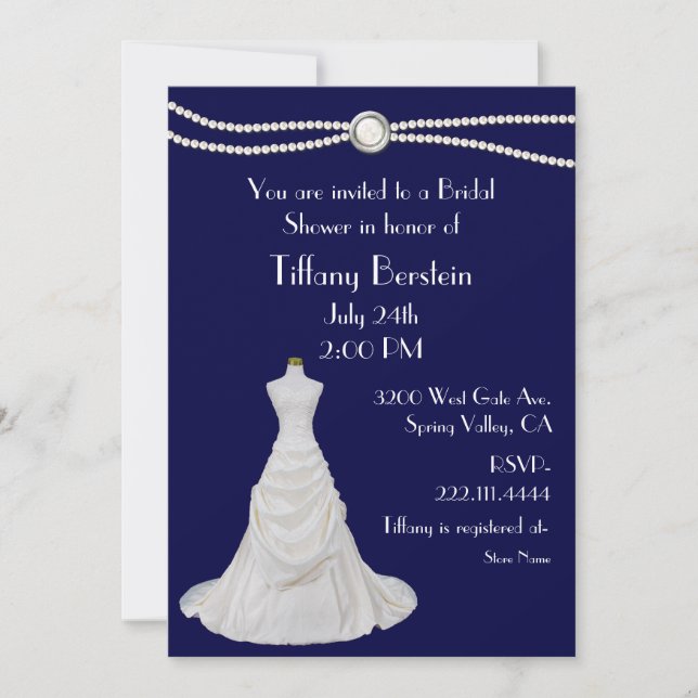Navy Blue Wedding Dress Bridal Shower Invitation (Front)