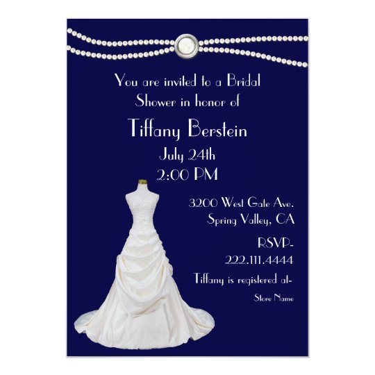 Navy Blue Wedding Dress Bridal Shower Invitation Zazzle Com