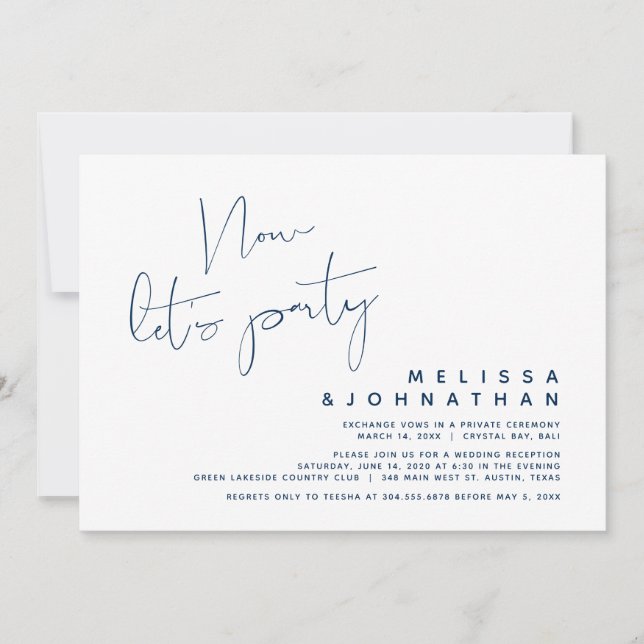 Navy Blue, Wedding Elopement, Now let's Party Invitation (Front)