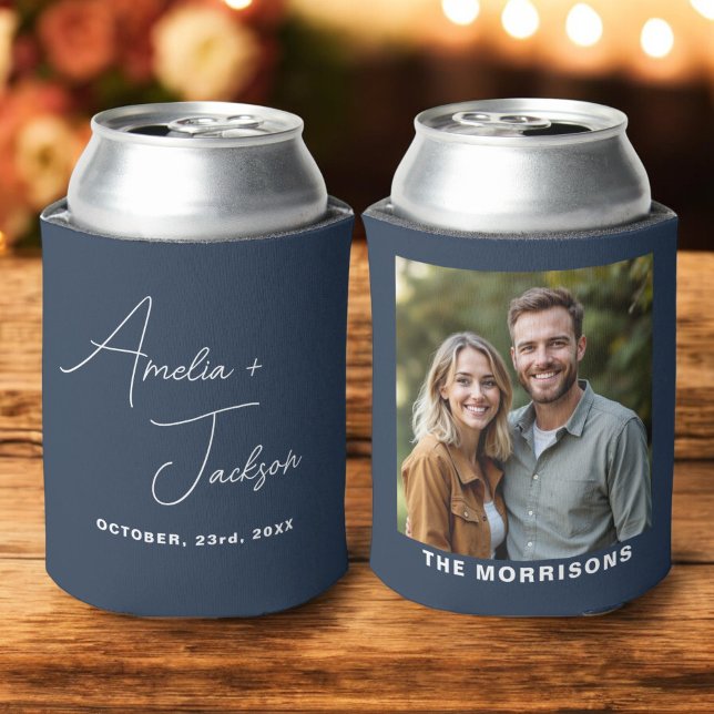 Navy Blue Wedding Favor Photo Modern Minimalist  Can Cooler (Creator Uploaded)
